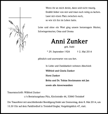 Anzeige von Anni Zunker von Kölner Stadt-Anzeiger / Kölnische Rundschau / Express