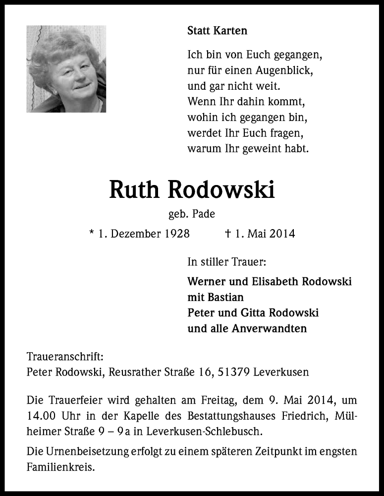  Traueranzeige für Ruth Rodowski vom 06.05.2014 aus Kölner Stadt-Anzeiger / Kölnische Rundschau / Express