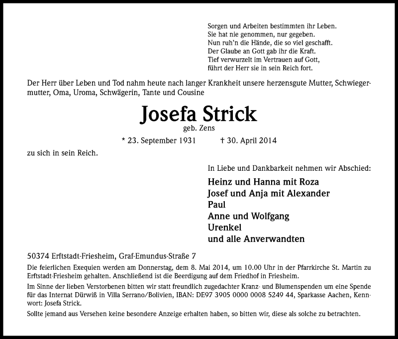  Traueranzeige für Josefa Strick vom 06.05.2014 aus Kölner Stadt-Anzeiger / Kölnische Rundschau / Express