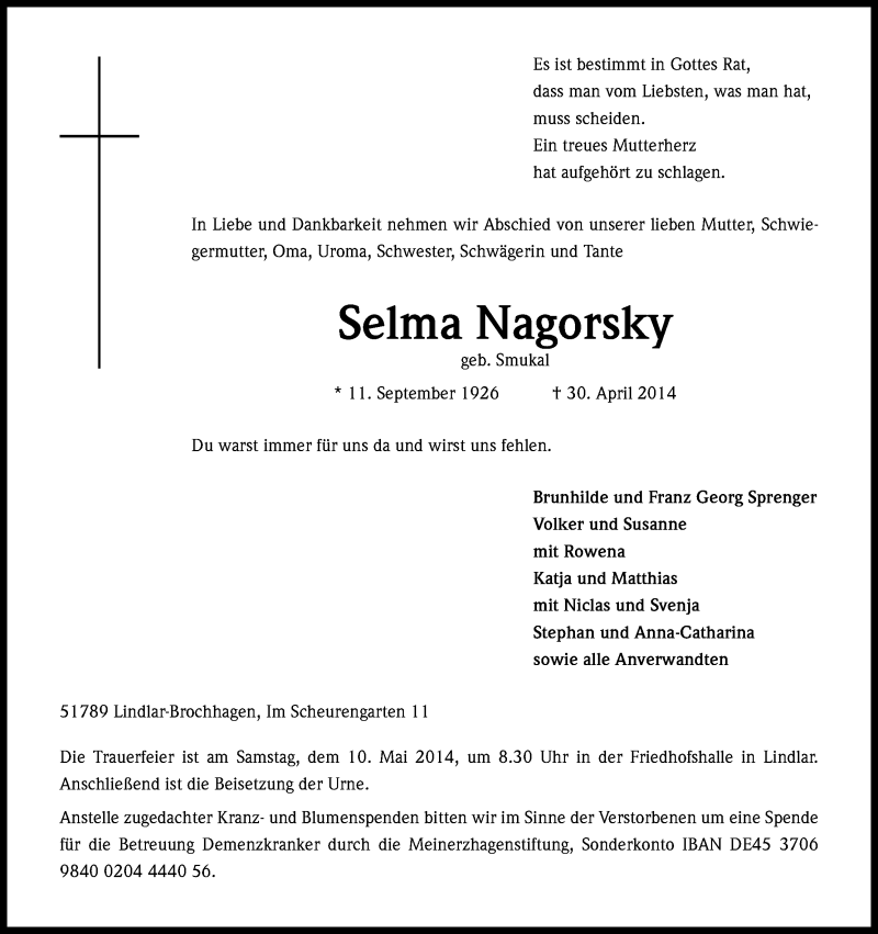 Traueranzeige für Selma Nagorsky vom 06.05.2014 aus Kölner Stadt-Anzeiger / Kölnische Rundschau / Express