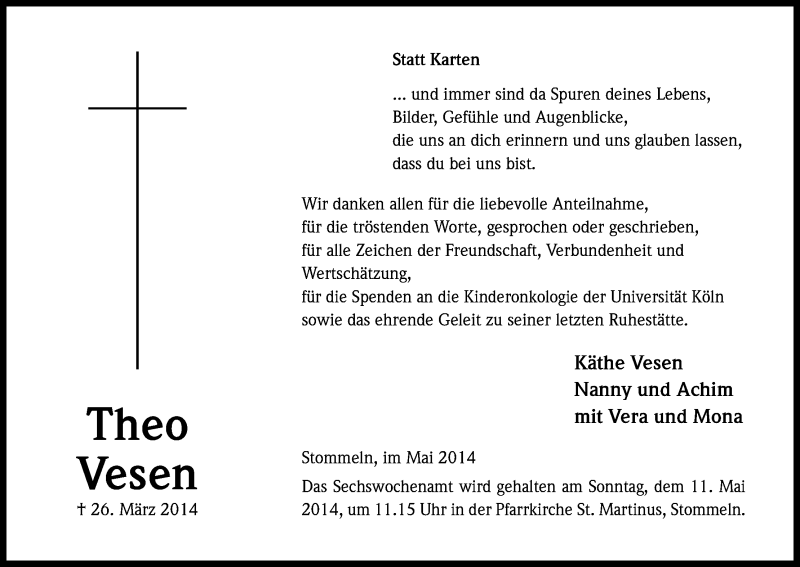  Traueranzeige für Theo Vesen vom 07.05.2014 aus Kölner Stadt-Anzeiger / Kölnische Rundschau / Express