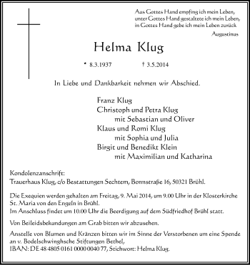 Anzeige von Helma Klug von Kölner Stadt-Anzeiger / Kölnische Rundschau / Express