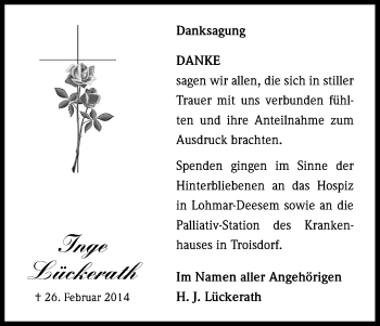 Anzeige von Inge Lückerath von Kölner Stadt-Anzeiger / Kölnische Rundschau / Express