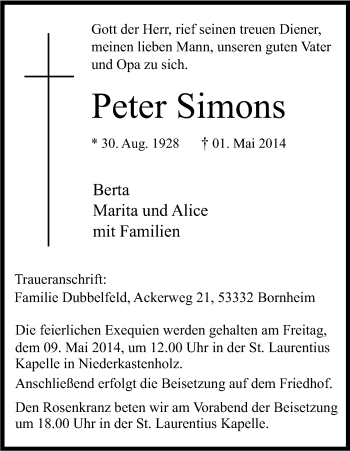 Anzeige von Peter Simons von Kölner Stadt-Anzeiger / Kölnische Rundschau / Express