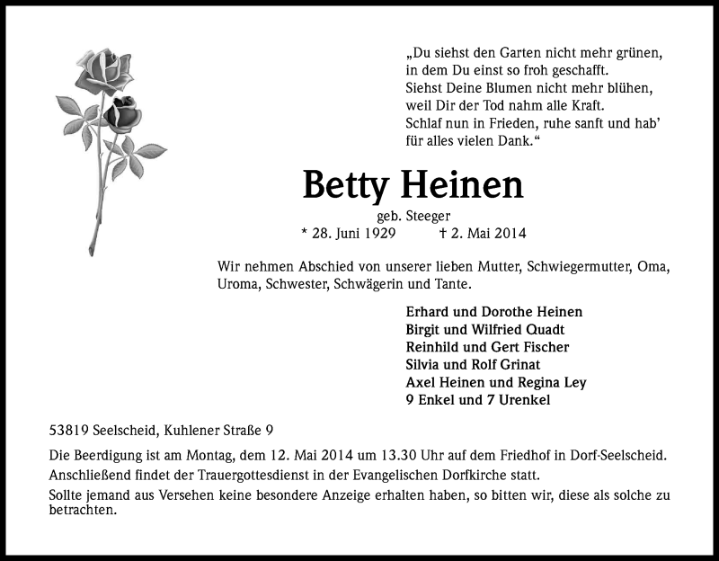  Traueranzeige für Betty Heinen vom 07.05.2014 aus Kölner Stadt-Anzeiger / Kölnische Rundschau / Express