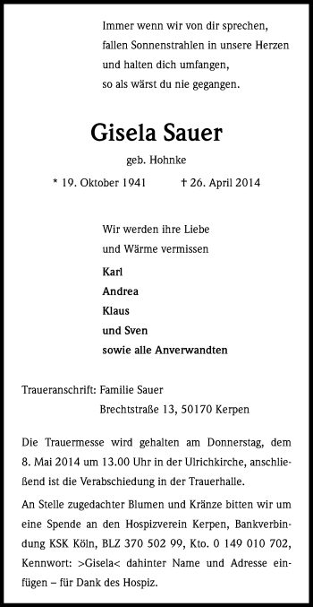 Anzeige von Gisela Sauer von Kölner Stadt-Anzeiger / Kölnische Rundschau / Express