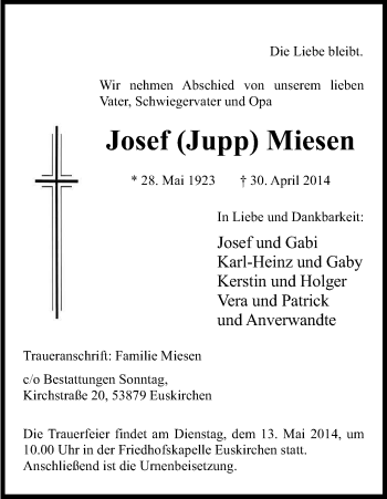 Anzeige von Josef Miesen von Kölner Stadt-Anzeiger / Kölnische Rundschau / Express