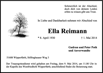 Anzeige von Ella Reimann von Kölner Stadt-Anzeiger / Kölnische Rundschau / Express