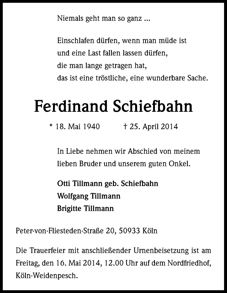 Traueranzeige für Ferdinand Schiefbahn vom 07.05.2014 aus Kölner Stadt-Anzeiger / Kölnische Rundschau / Express