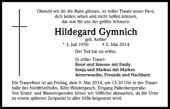 Anzeige von Hildegard Gymnich von Kölner Stadt-Anzeiger / Kölnische Rundschau / Express