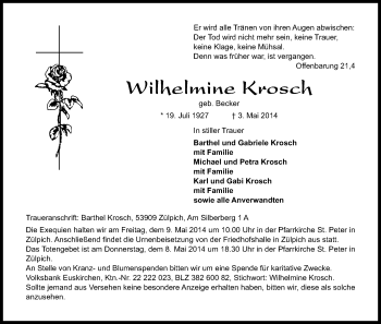 Anzeige von Wilhelmine Krosch von Kölner Stadt-Anzeiger / Kölnische Rundschau / Express