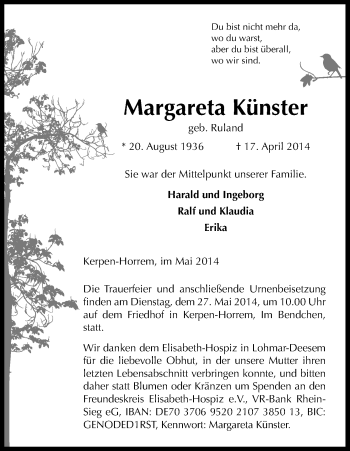 Anzeige von Margareta Künster von Kölner Stadt-Anzeiger / Kölnische Rundschau / Express
