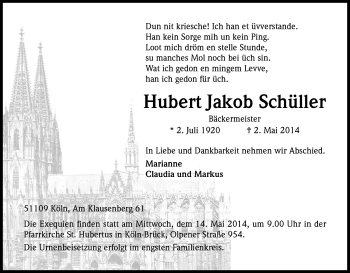 Anzeige von Hubert Jakob Schüller von Kölner Stadt-Anzeiger / Kölnische Rundschau / Express