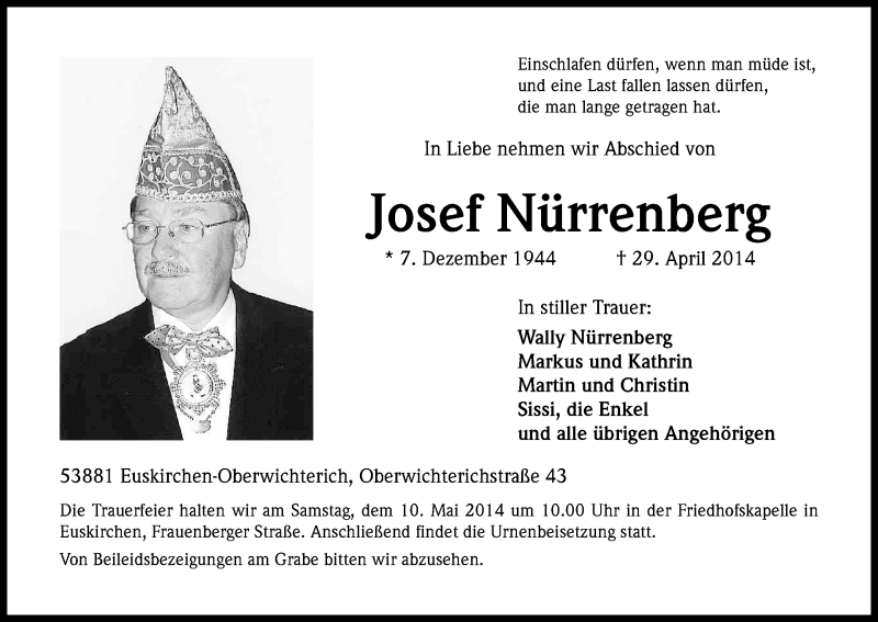  Traueranzeige für Josef Nürrenberg vom 07.05.2014 aus Kölner Stadt-Anzeiger / Kölnische Rundschau / Express