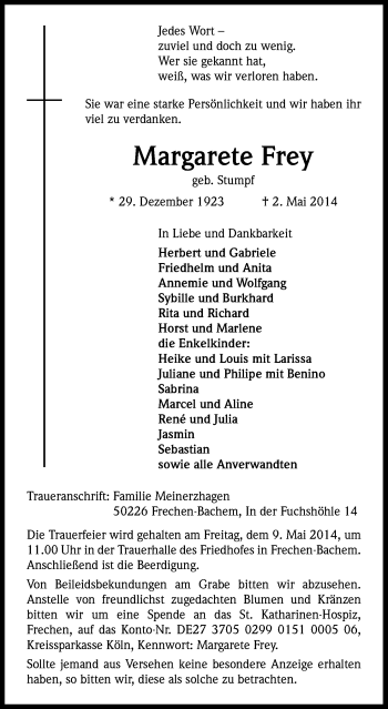Anzeige von Margarete Frey von Kölner Stadt-Anzeiger / Kölnische Rundschau / Express