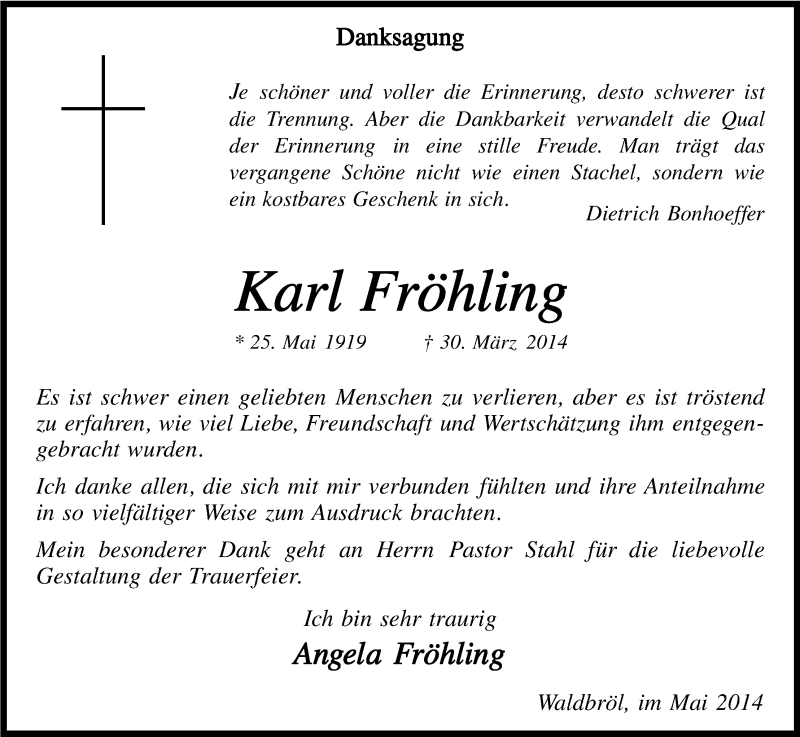  Traueranzeige für Karl Fröhling vom 07.05.2014 aus Kölner Stadt-Anzeiger / Kölnische Rundschau / Express