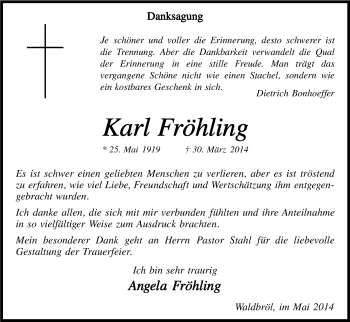 Anzeige von Karl Fröhling von Kölner Stadt-Anzeiger / Kölnische Rundschau / Express