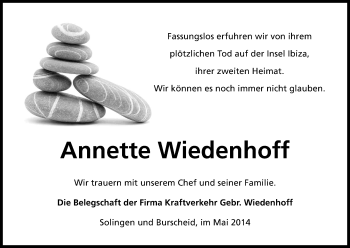 Anzeige von Annette Wiedenhoff von Kölner Stadt-Anzeiger / Kölnische Rundschau / Express