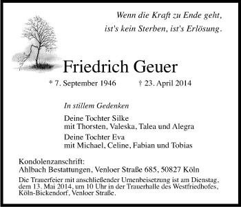 Anzeige von Friedrich Geuer von Kölner Stadt-Anzeiger / Kölnische Rundschau / Express