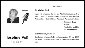 Anzeige von Josefine Voß von Kölner Stadt-Anzeiger / Kölnische Rundschau / Express
