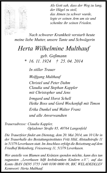 Anzeige von Herta Wilhelmine Multhauf von Kölner Stadt-Anzeiger / Kölnische Rundschau / Express