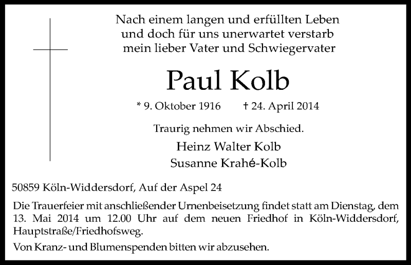  Traueranzeige für Paul Kolb vom 10.05.2014 aus Kölner Stadt-Anzeiger / Kölnische Rundschau / Express