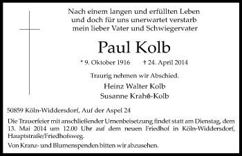 Anzeige von Paul Kolb von Kölner Stadt-Anzeiger / Kölnische Rundschau / Express