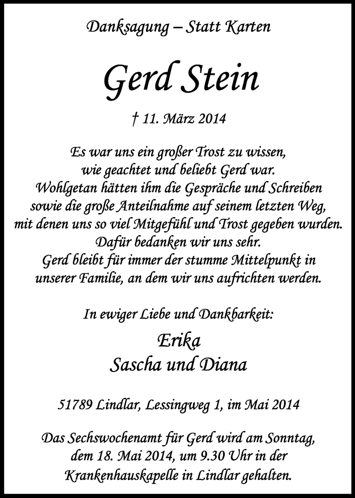 Traueranzeige für Gerd Stein vom 10.05.2014 aus Kölner Stadt-Anzeiger / Kölnische Rundschau / Express