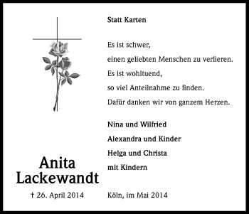 Anzeige von Anita Lackewandt von Kölner Stadt-Anzeiger / Kölnische Rundschau / Express