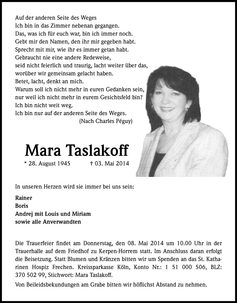  Traueranzeige für Mara Taslakoff vom 07.05.2014 aus Kölner Stadt-Anzeiger / Kölnische Rundschau / Express