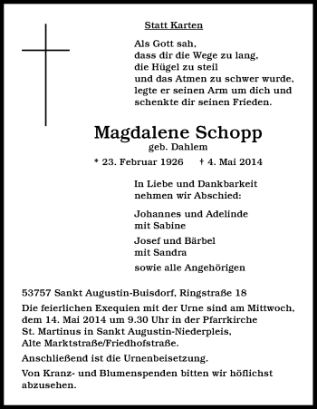 Anzeige von Magdalene Schopp von Kölner Stadt-Anzeiger / Kölnische Rundschau / Express