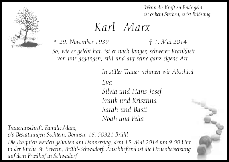  Traueranzeige für Karl Marx vom 10.05.2014 aus Kölner Stadt-Anzeiger / Kölnische Rundschau / Express