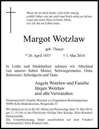 Anzeige von Margot Wotzlaw von Kölner Stadt-Anzeiger / Kölnische Rundschau / Express