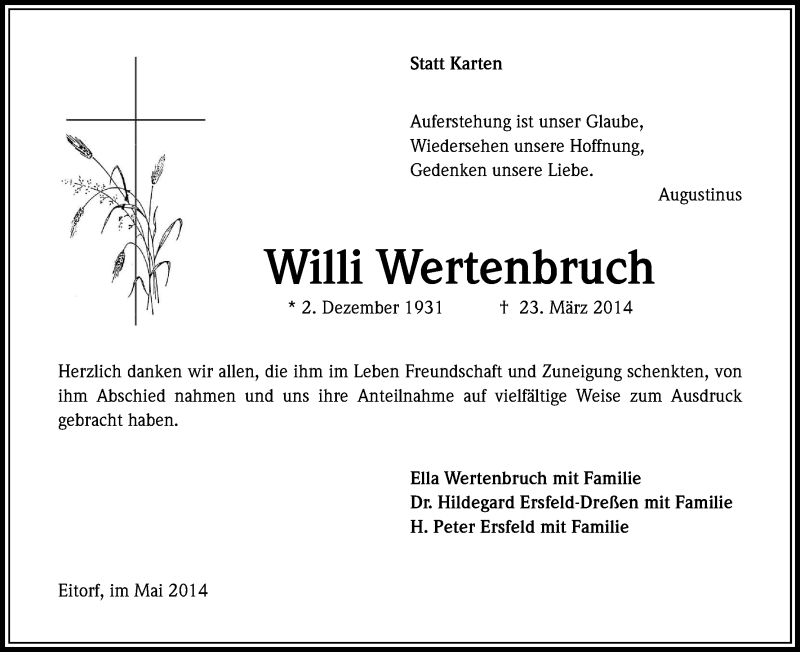  Traueranzeige für Willi Wertenbruch vom 17.05.2014 aus Kölner Stadt-Anzeiger / Kölnische Rundschau / Express