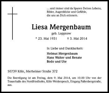 Anzeige von Liesa Mergenbaum von Kölner Stadt-Anzeiger / Kölnische Rundschau / Express