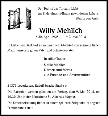 Anzeige von Willy Mehlich von Kölner Stadt-Anzeiger / Kölnische Rundschau / Express