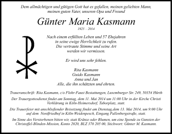 Anzeige von Günter Maria Kasmann von Kölner Stadt-Anzeiger / Kölnische Rundschau / Express