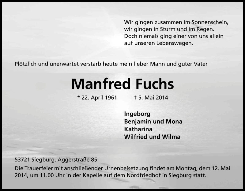  Traueranzeige für Manfred Fuchs vom 07.05.2014 aus Kölner Stadt-Anzeiger / Kölnische Rundschau / Express