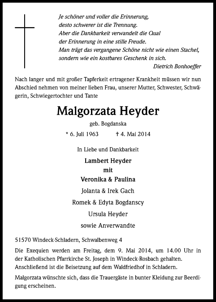  Traueranzeige für Malgorzata Heyder vom 07.05.2014 aus Kölner Stadt-Anzeiger / Kölnische Rundschau / Express