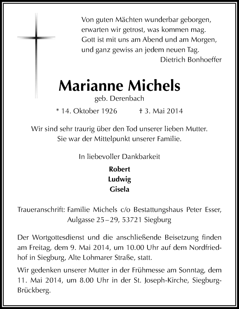 Traueranzeige für Marianne Michels vom 07.05.2014 aus Kölner Stadt-Anzeiger / Kölnische Rundschau / Express