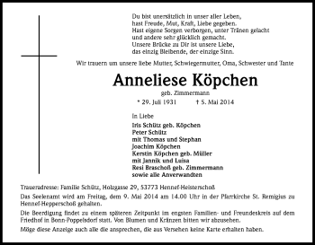 Anzeige von Anneliese Köpchen von Kölner Stadt-Anzeiger / Kölnische Rundschau / Express