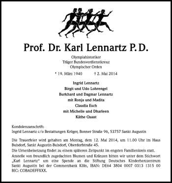 Anzeige von Prof. Dr. Karl Lennartz von Kölner Stadt-Anzeiger / Kölnische Rundschau / Express