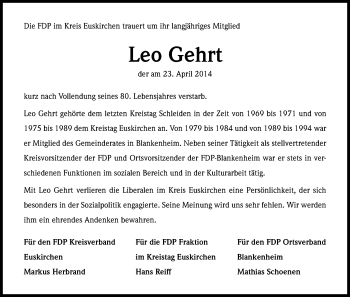 Anzeige von Leo Gehrt von Kölner Stadt-Anzeiger / Kölnische Rundschau / Express