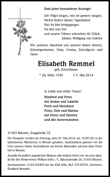 Anzeige von Elisabeth Remmel von Kölner Stadt-Anzeiger / Kölnische Rundschau / Express