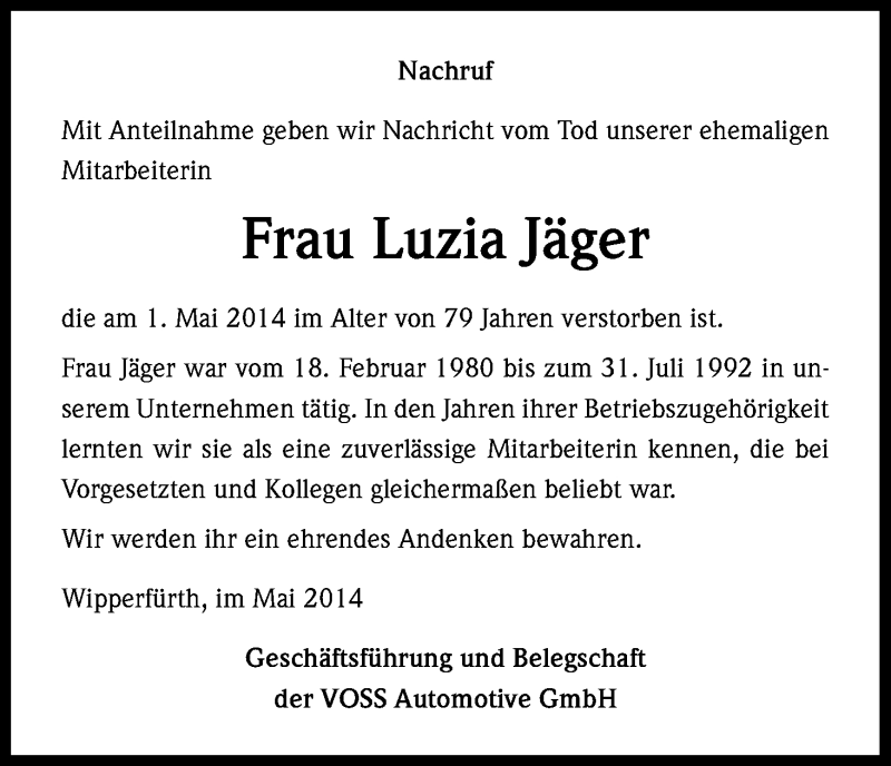 Traueranzeige für Luzia Jäger vom 07.05.2014 aus Kölner Stadt-Anzeiger / Kölnische Rundschau / Express