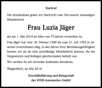 Anzeige von Luzia Jäger von Kölner Stadt-Anzeiger / Kölnische Rundschau / Express