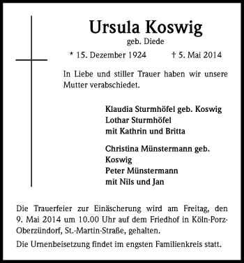 Anzeige von Ursula Koswig von Kölner Stadt-Anzeiger / Kölnische Rundschau / Express