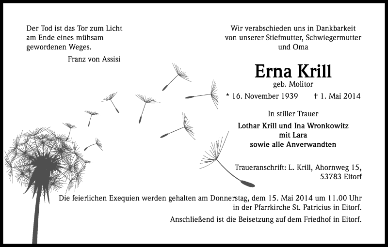  Traueranzeige für Erna Krill vom 09.05.2014 aus Kölner Stadt-Anzeiger / Kölnische Rundschau / Express
