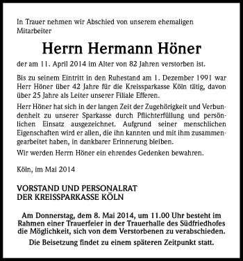 Anzeige von Hermann Höhner von Kölner Stadt-Anzeiger / Kölnische Rundschau / Express