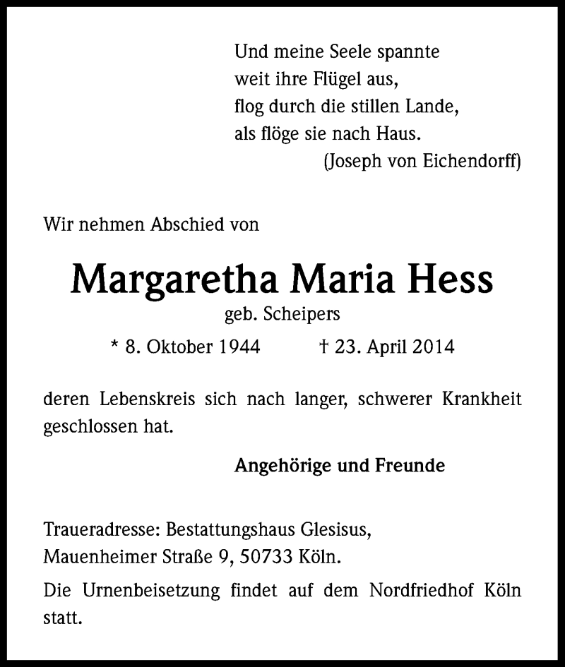  Traueranzeige für Margaretha Maria Hess vom 10.05.2014 aus Kölner Stadt-Anzeiger / Kölnische Rundschau / Express
